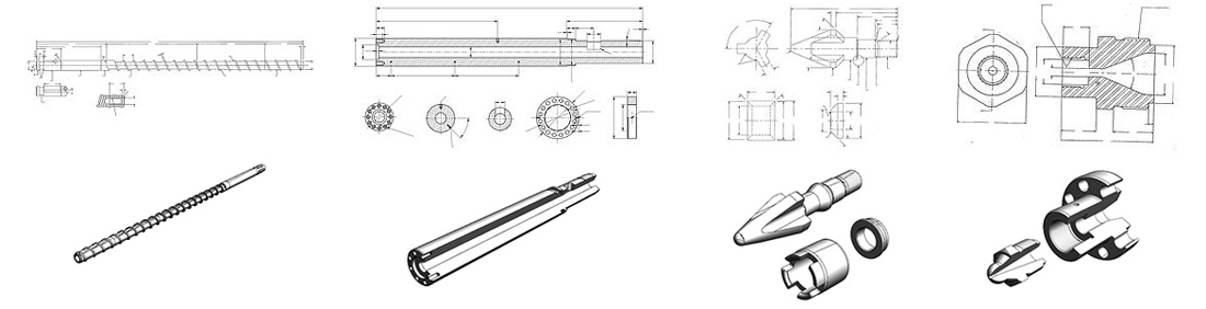 injection screw, barrel and tips drawing